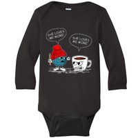 She Loves Me More Crochet Yarn And Coffee Funny Crocheting Baby Long Sleeve Bodysuit