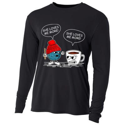 She Loves Me More Crochet Yarn And Coffee Funny Crocheting Cooling Performance Long Sleeve Crew