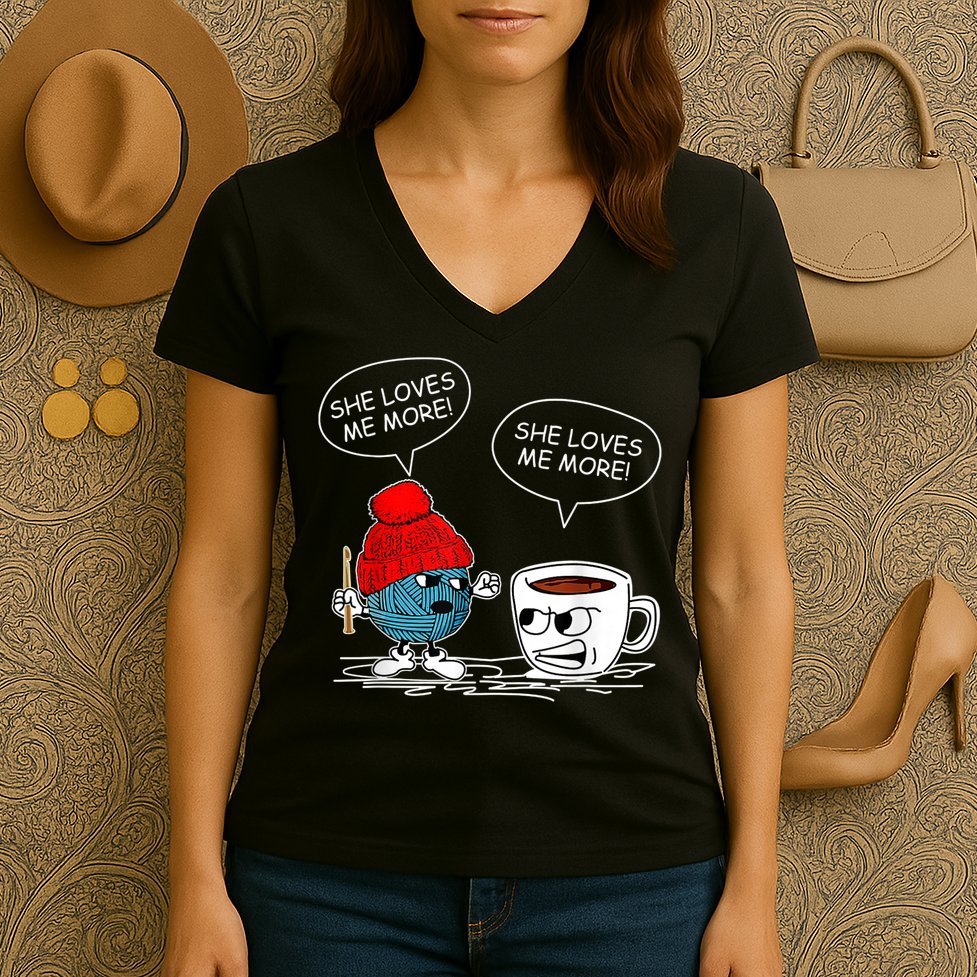 She Loves Me More Crochet Yarn And Coffee Funny Crocheting Women's V-Neck T-Shirt
