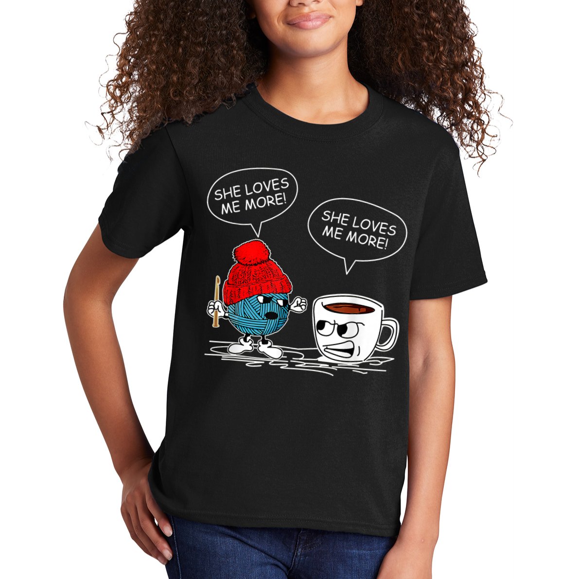 She Loves Me More Crochet Yarn And Coffee Funny Crocheting Kids T-Shirt