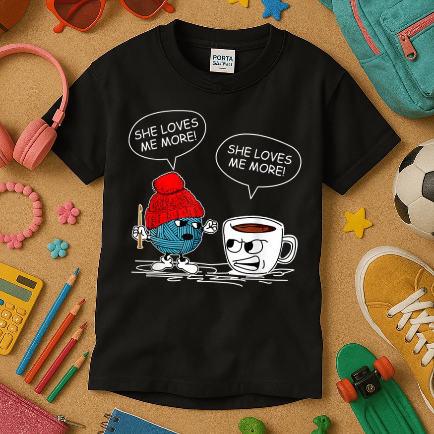 She Loves Me More Crochet Yarn And Coffee Funny Crocheting Kids T-Shirt