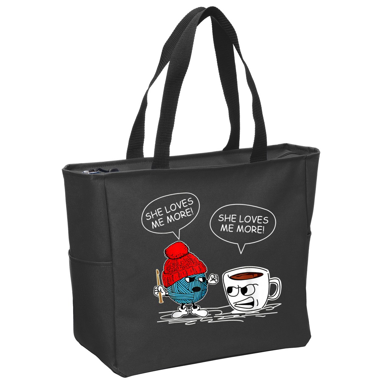 She Loves Me More Crochet Yarn And Coffee Funny Crocheting Zip Tote Bag
