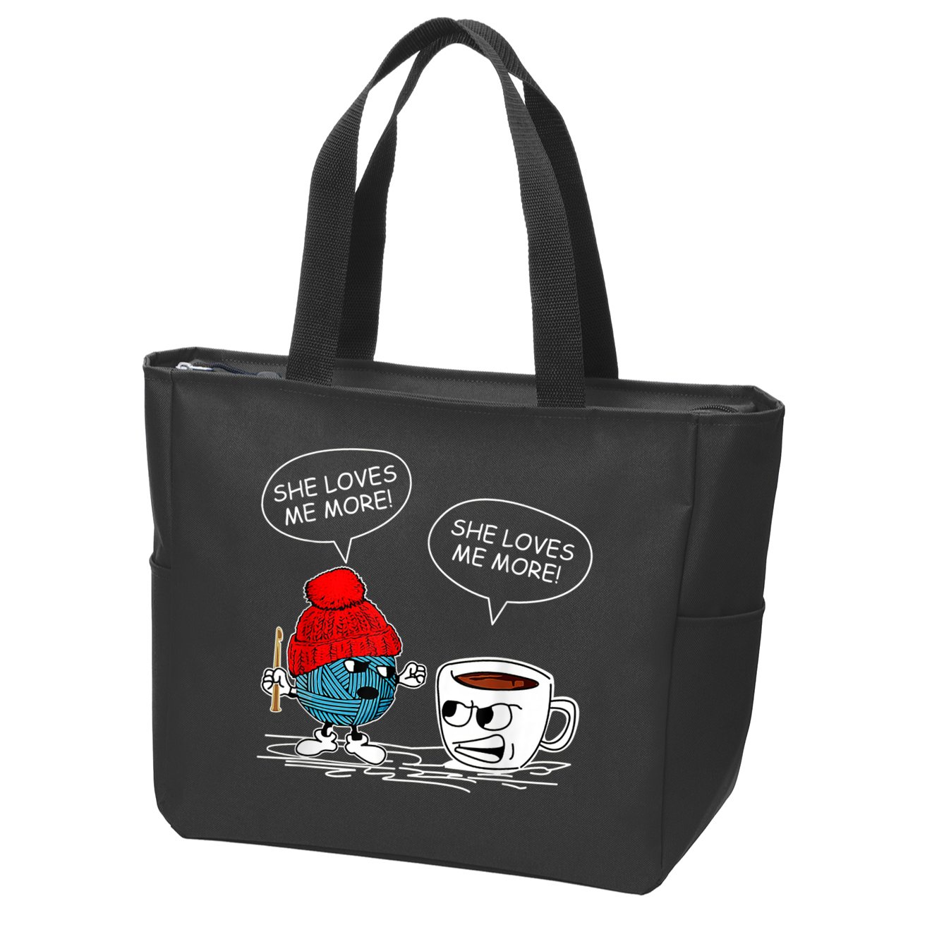She Loves Me More Crochet Yarn And Coffee Funny Crocheting Zip Tote Bag