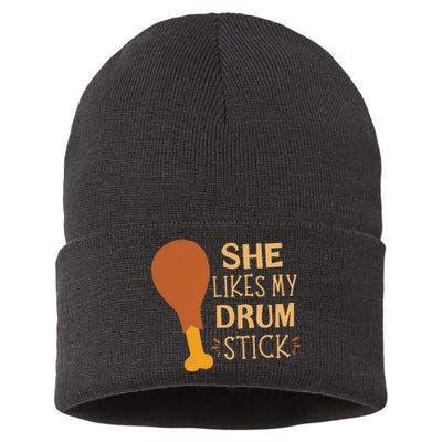 She Likes My Drum Stick Funny Couple Matching Thanksgiving Sustainable Knit Beanie