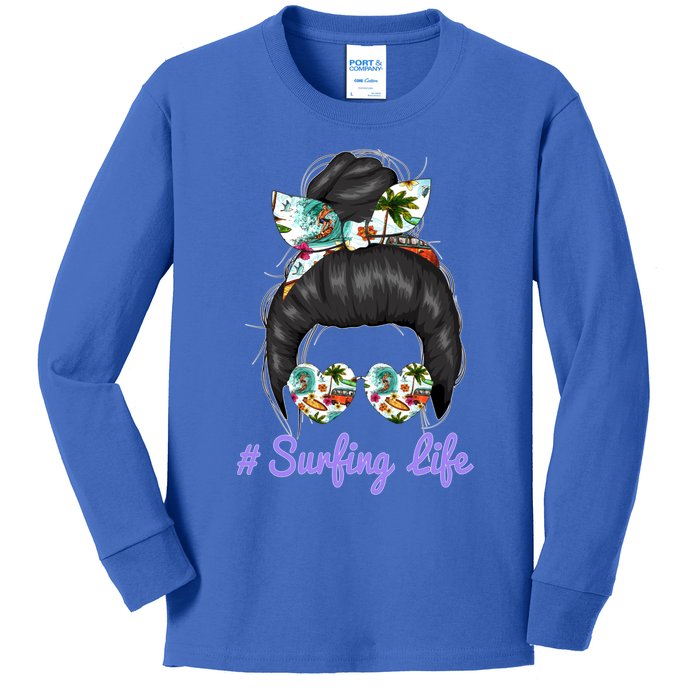 Surfing Life Mom Messy Bun Glasses Mothers Day Funny Gift Kids Long Sleeve Shirt