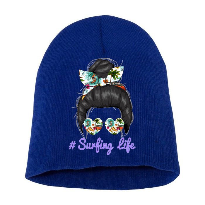 Surfing Life Mom Messy Bun Glasses Mothers Day Funny Gift Short Acrylic Beanie