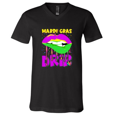 Sexy Lip Mardi Gras Drip Fat Tuesday Party Gift V-Neck T-Shirt