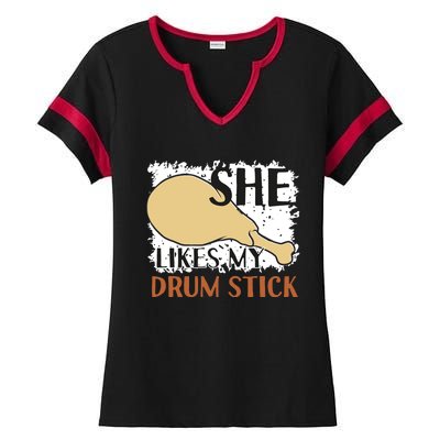 She Likes My Drum Stick Funny Couple Thanksgiving Ladies Halftime Notch Neck Tee