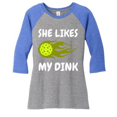 She Likes My Dink Pickleball Couple Matching Women's Tri-Blend 3/4-Sleeve Raglan Shirt