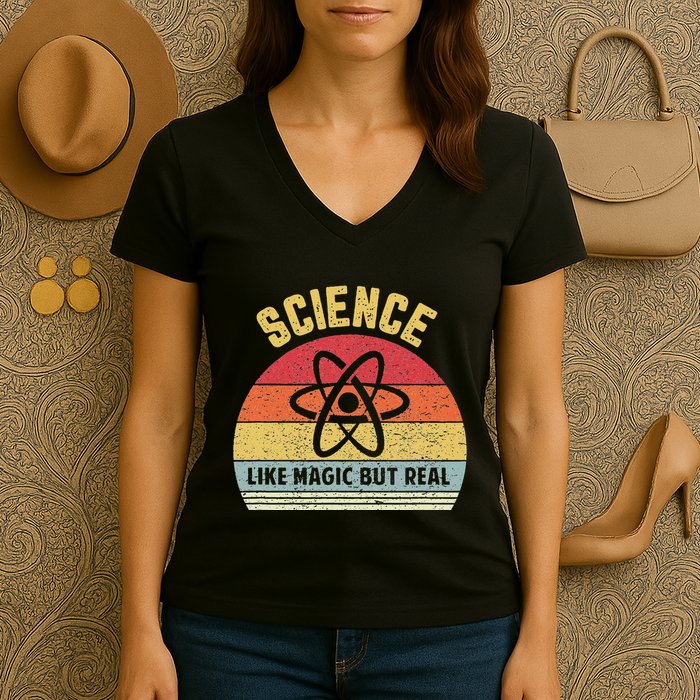 Science Like Magic But Real Funny Retro Science Teacher Women's V-Neck T-Shirt