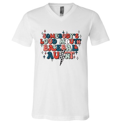 Somebody's Loud Mouth Baseball Aunt Mothers Day Groovy V-Neck T-Shirt