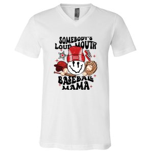 Somebody's Loud Mouth Baseball Mothers Day Groovy V-Neck T-Shirt