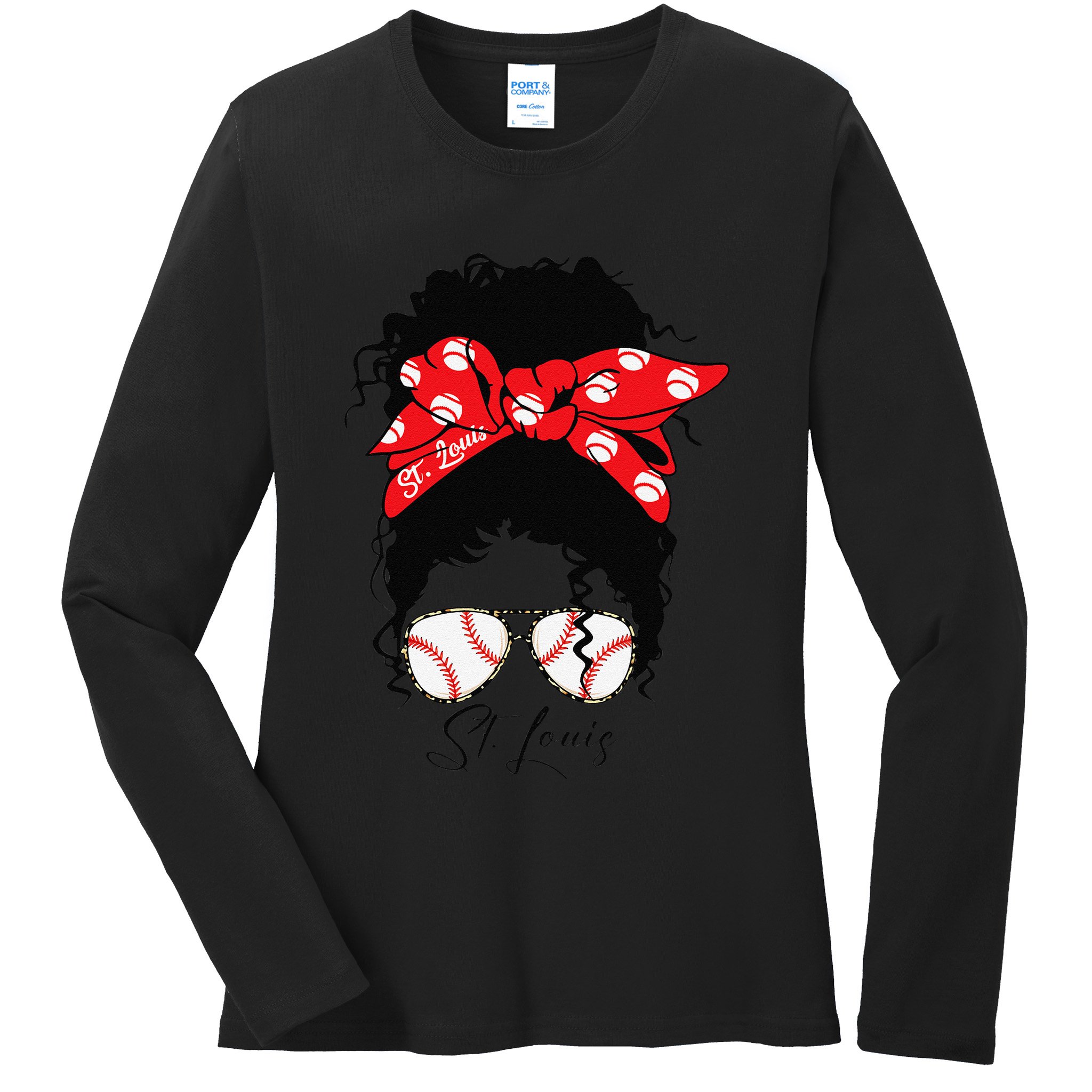 St. Louis Messy Bun Baseball Fan Souvenir I Love St. Louis Ladies Long Sleeve Shirt