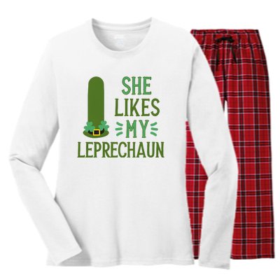 She Likes My Leprechaun Funny Saint PatrickS Day Couple Sex Joke Funny Women's Long Sleeve Flannel Pajama Set 