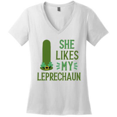 She Likes My Leprechaun Funny Saint PatrickS Day Couple Sex Joke Funny Women's V-Neck T-Shirt