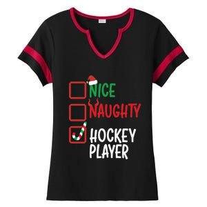 SantaS List Nice Or Naughty Christmas Fun Hockey Player Cute Gift Ladies Halftime Notch Neck Tee