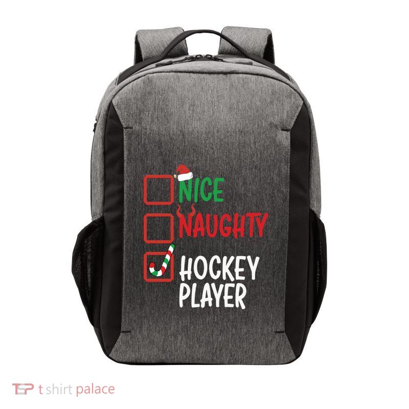 SantaS List Nice Or Naughty Christmas Fun Hockey Player Cute Gift Vector Backpack