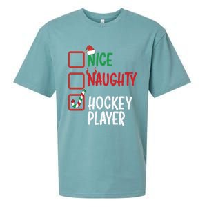 SantaS List Nice Or Naughty Christmas Fun Hockey Player Cute Gift Sueded Cloud Jersey T-Shirt