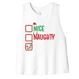 SantaS List Nice Or Naughty Christmas Fun Hockey Player Cute Gift Women's Racerback Cropped Tank