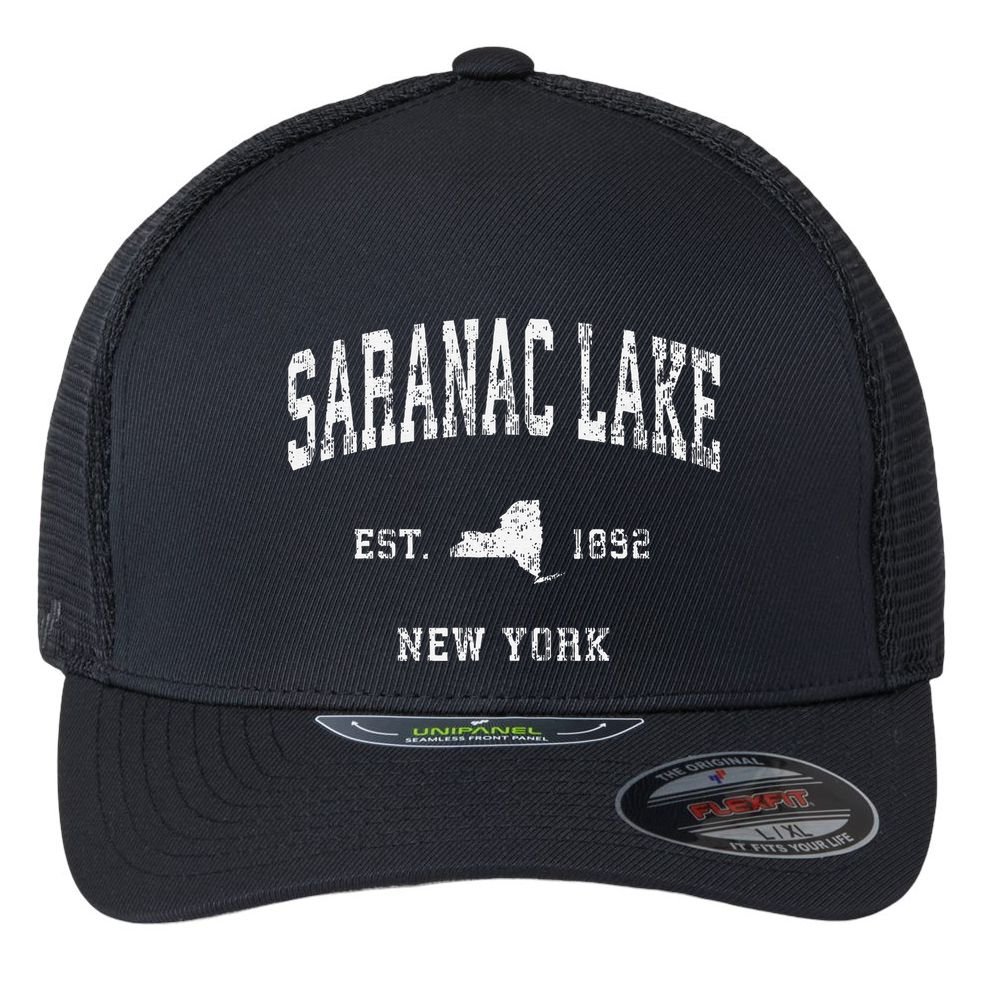 Saranac Lake New York Ny Vintage Athletic Sports Flexfit Unipanel Trucker Cap