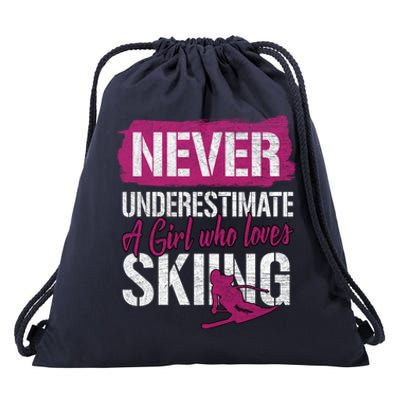 Ski Lovers Never Underestimate A Who Loves Skiing Gift Funny Gift Drawstring Bag