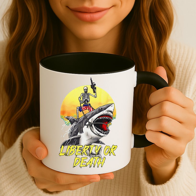 Skeleton Liberty Or Death Shark Halloween American Flag Mug