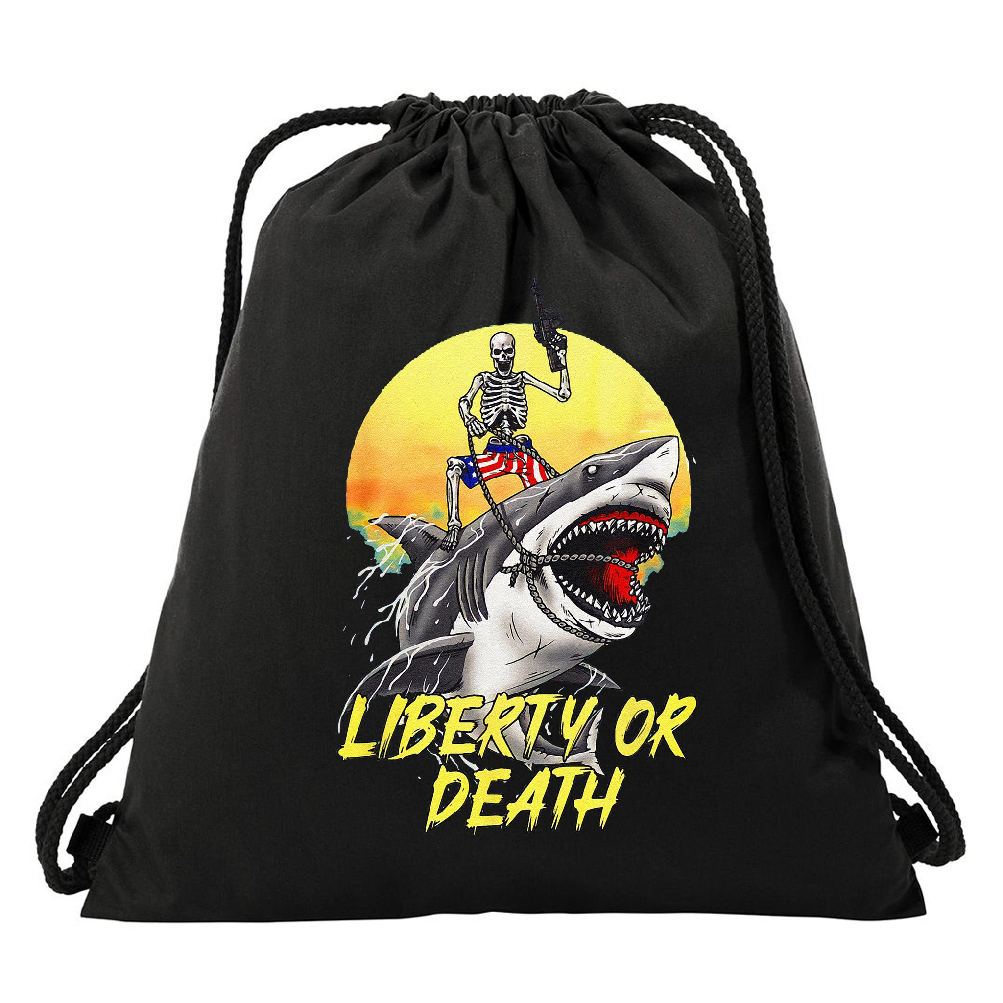 Skeleton Liberty Or Death Shark Halloween American Flag Drawstring Bag