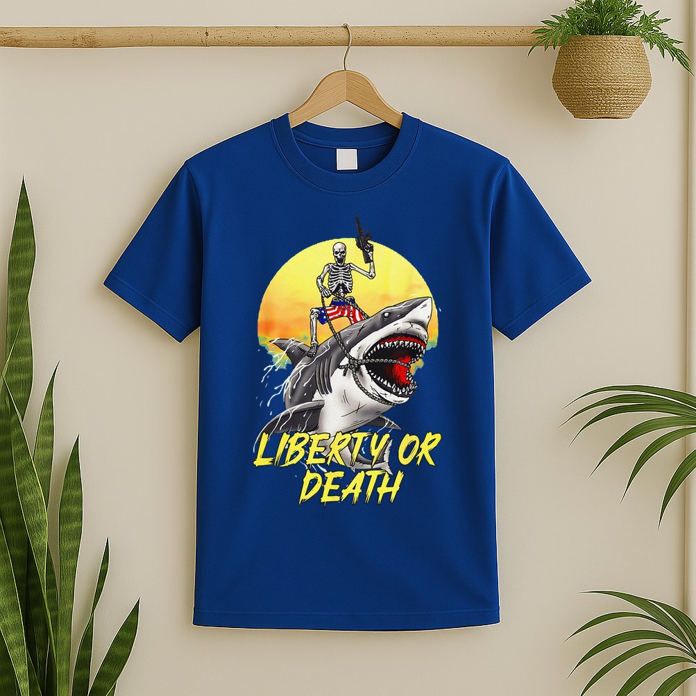 Skeleton Liberty Or Death Shark Halloween American Flag T-Shirt