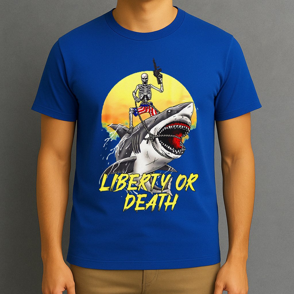 Skeleton Liberty Or Death Shark Halloween American Flag T-Shirt