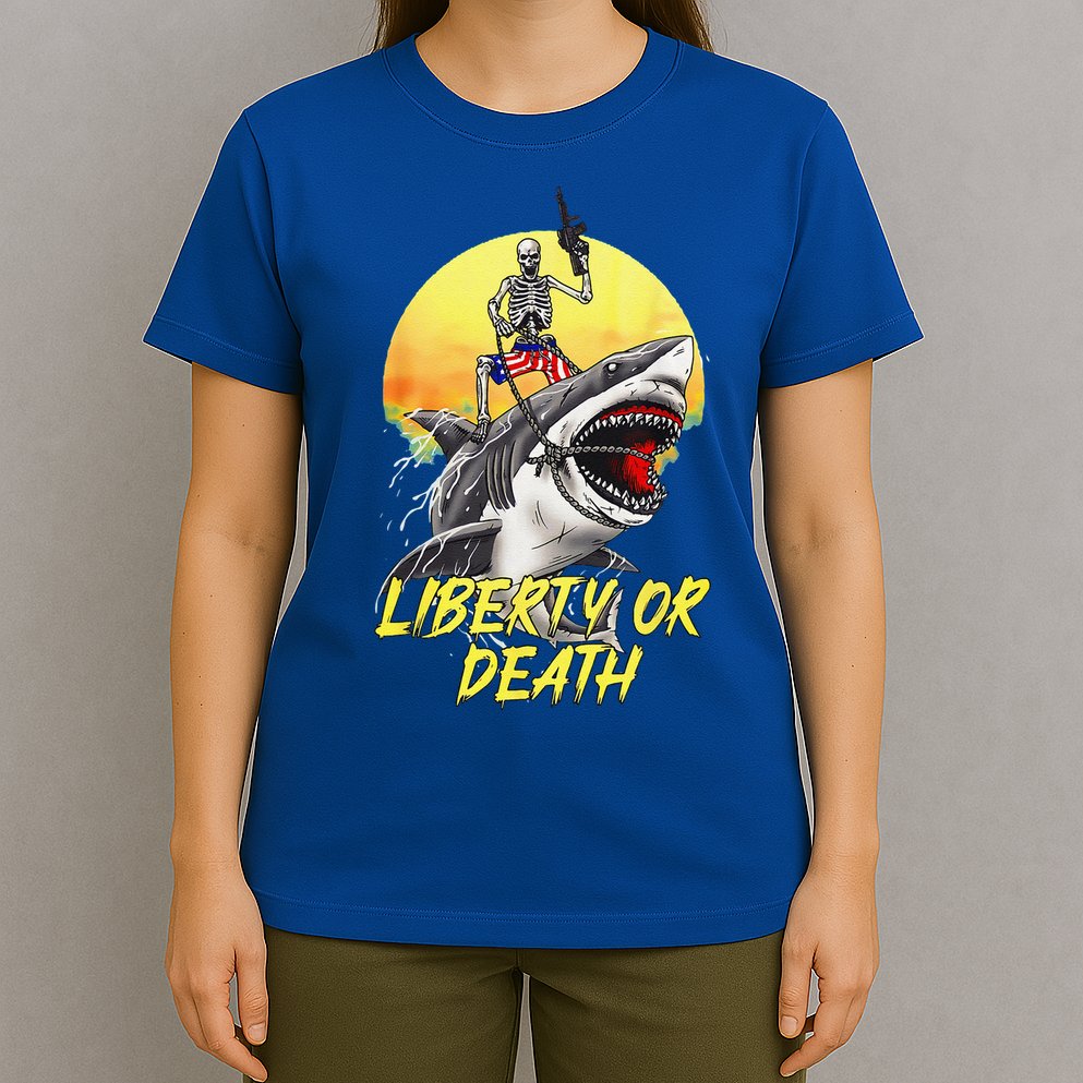Skeleton Liberty Or Death Shark Halloween American Flag T-Shirt