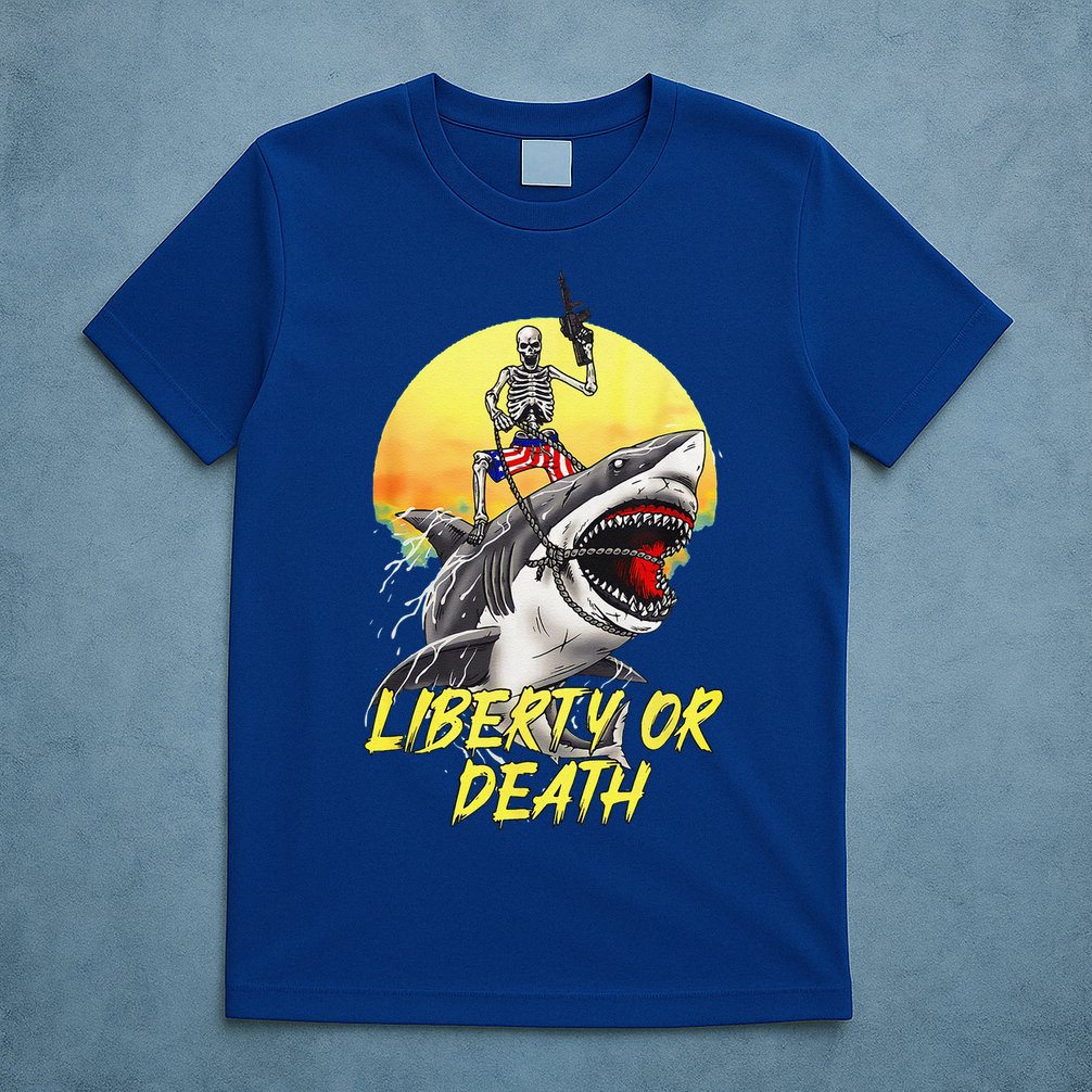 Skeleton Liberty Or Death Shark Halloween American Flag T-Shirt