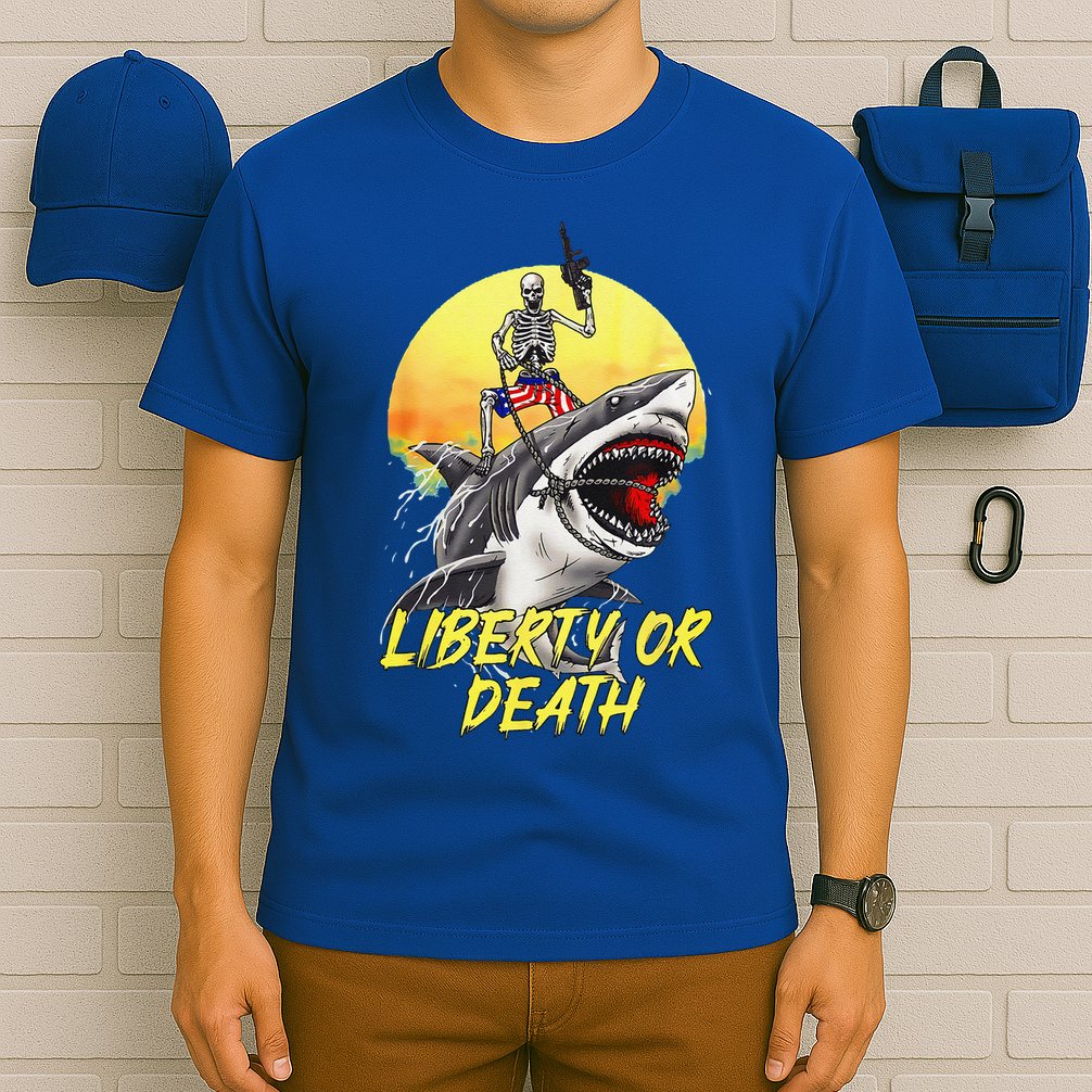 Skeleton Liberty Or Death Shark Halloween American Flag T-Shirt