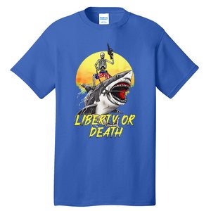 Skeleton Liberty Or Death Shark Halloween American Flag Tall T-Shirt