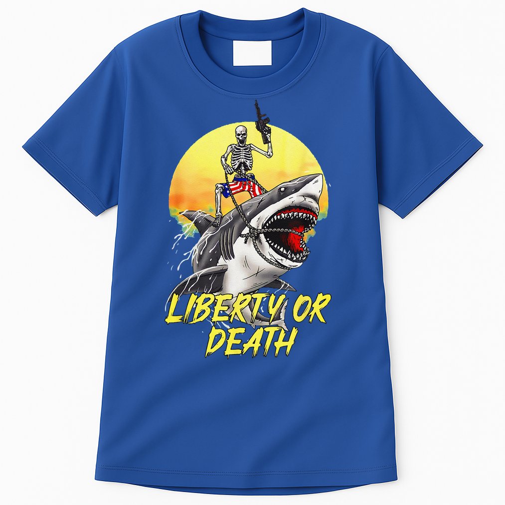 Skeleton Liberty Or Death Shark Halloween American Flag Tall T-Shirt