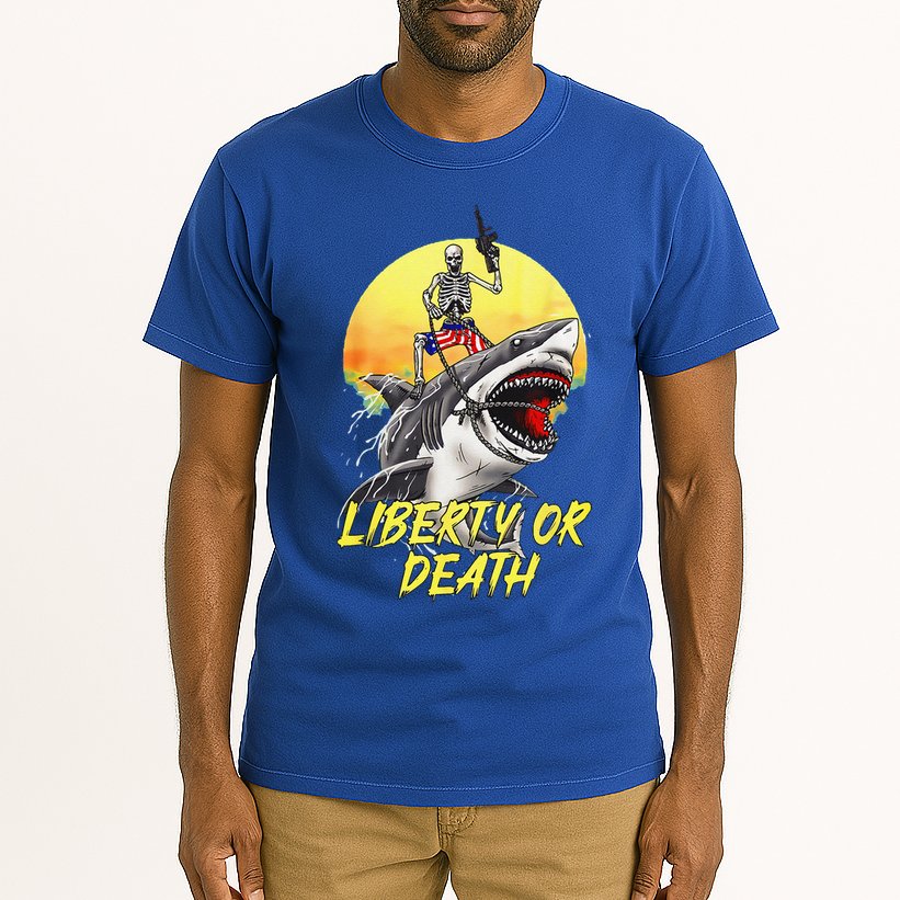 Skeleton Liberty Or Death Shark Halloween American Flag Tall T-Shirt