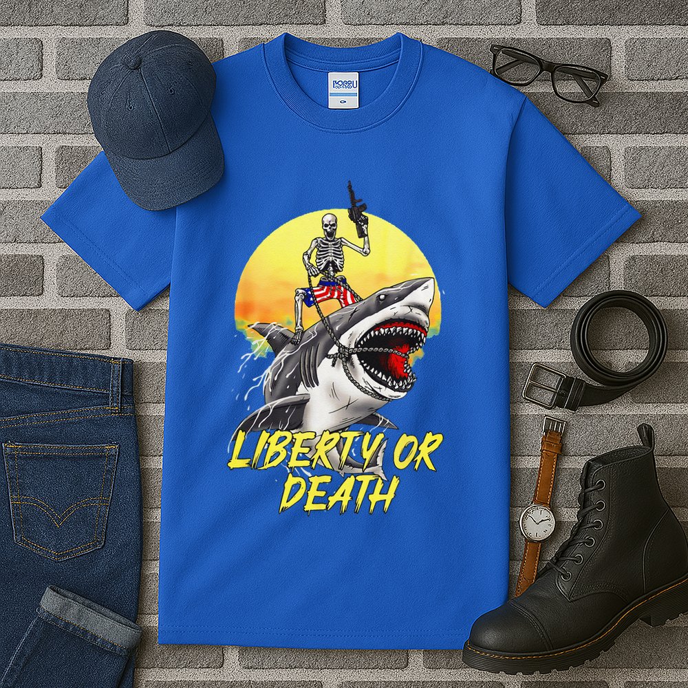 Skeleton Liberty Or Death Shark Halloween American Flag Tall T-Shirt