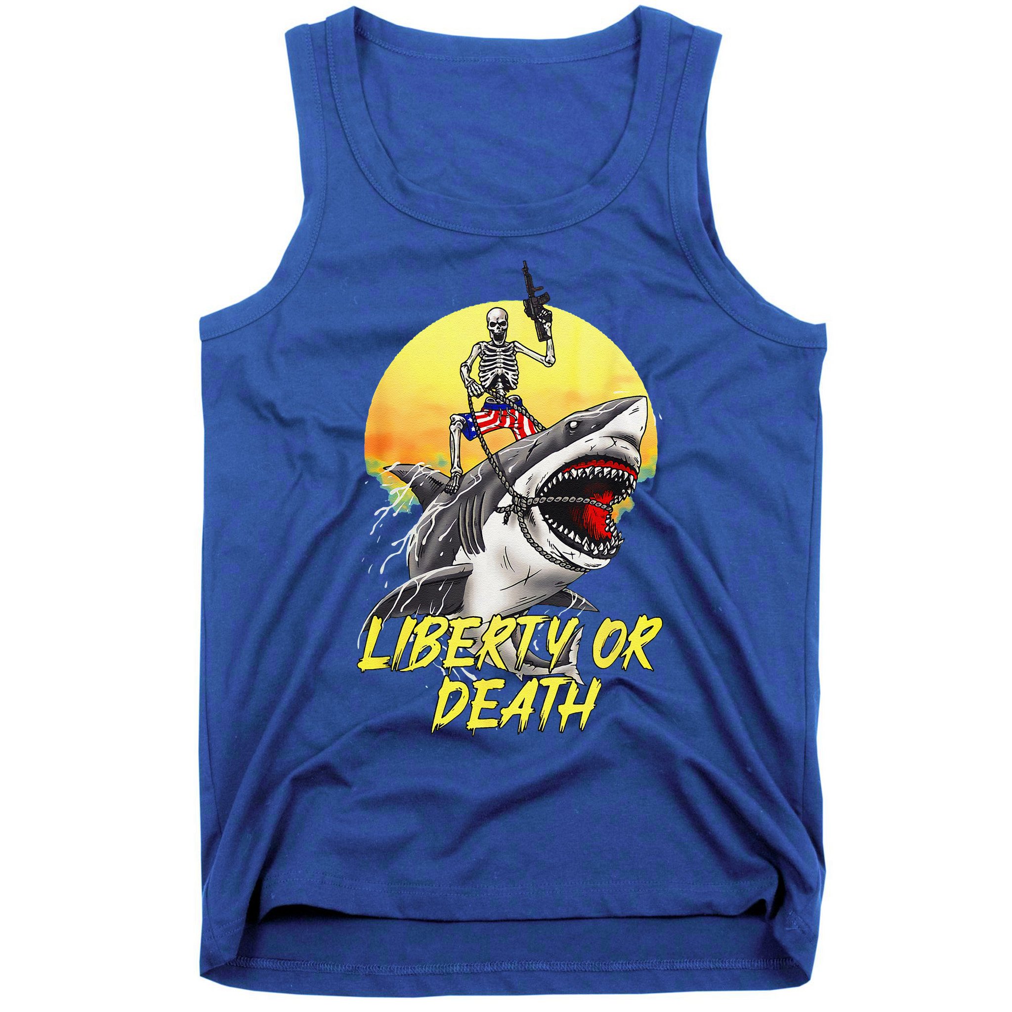 Skeleton Liberty Or Death Shark Halloween American Flag Tank Top
