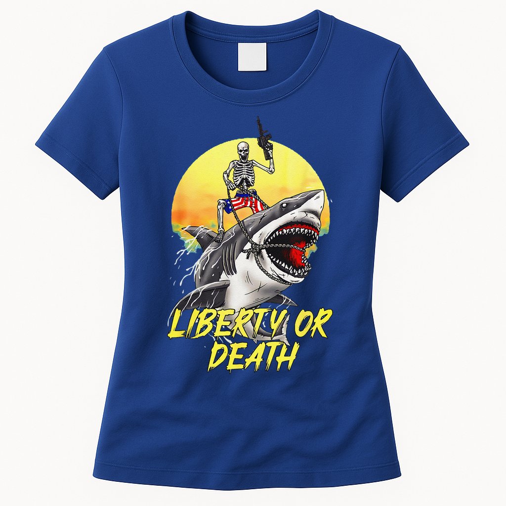 Skeleton Liberty Or Death Shark Halloween American Flag Womens T-Shirt