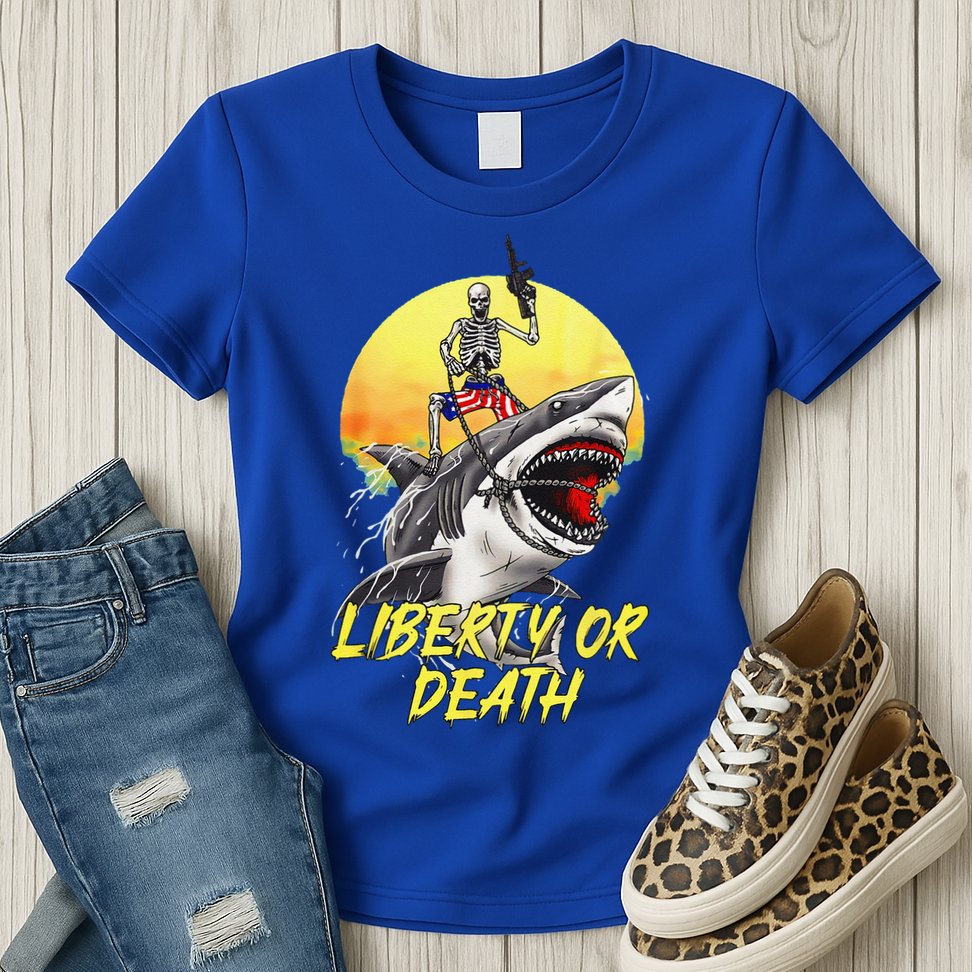 Skeleton Liberty Or Death Shark Halloween American Flag Womens T-Shirt