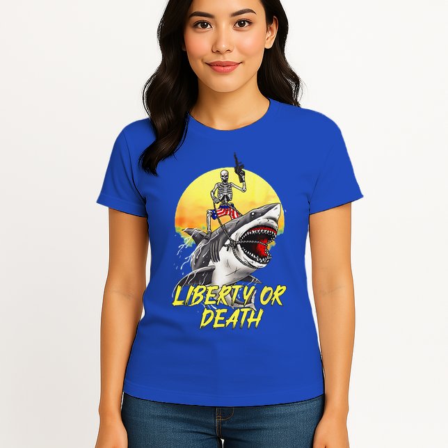 Skeleton Liberty Or Death Shark Halloween American Flag Womens T-Shirt