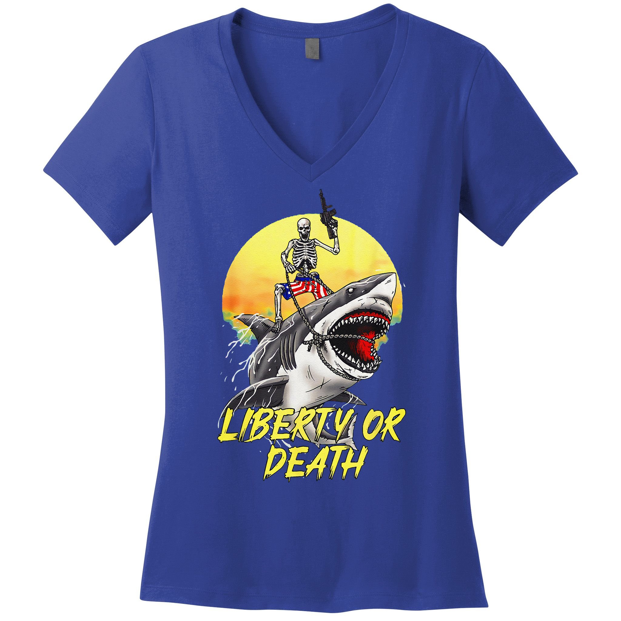 Skeleton Liberty Or Death Shark Halloween American Flag Women's V-Neck T-Shirt