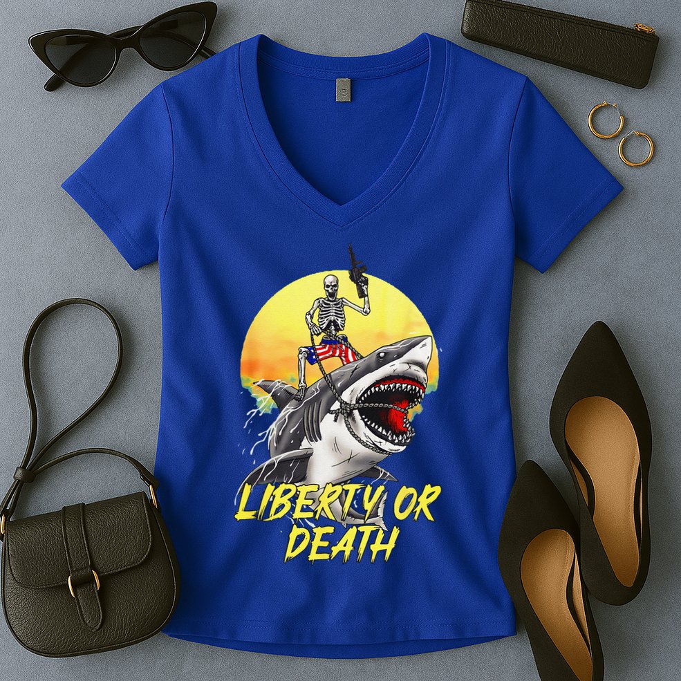 Skeleton Liberty Or Death Shark Halloween American Flag Women's V-Neck T-Shirt