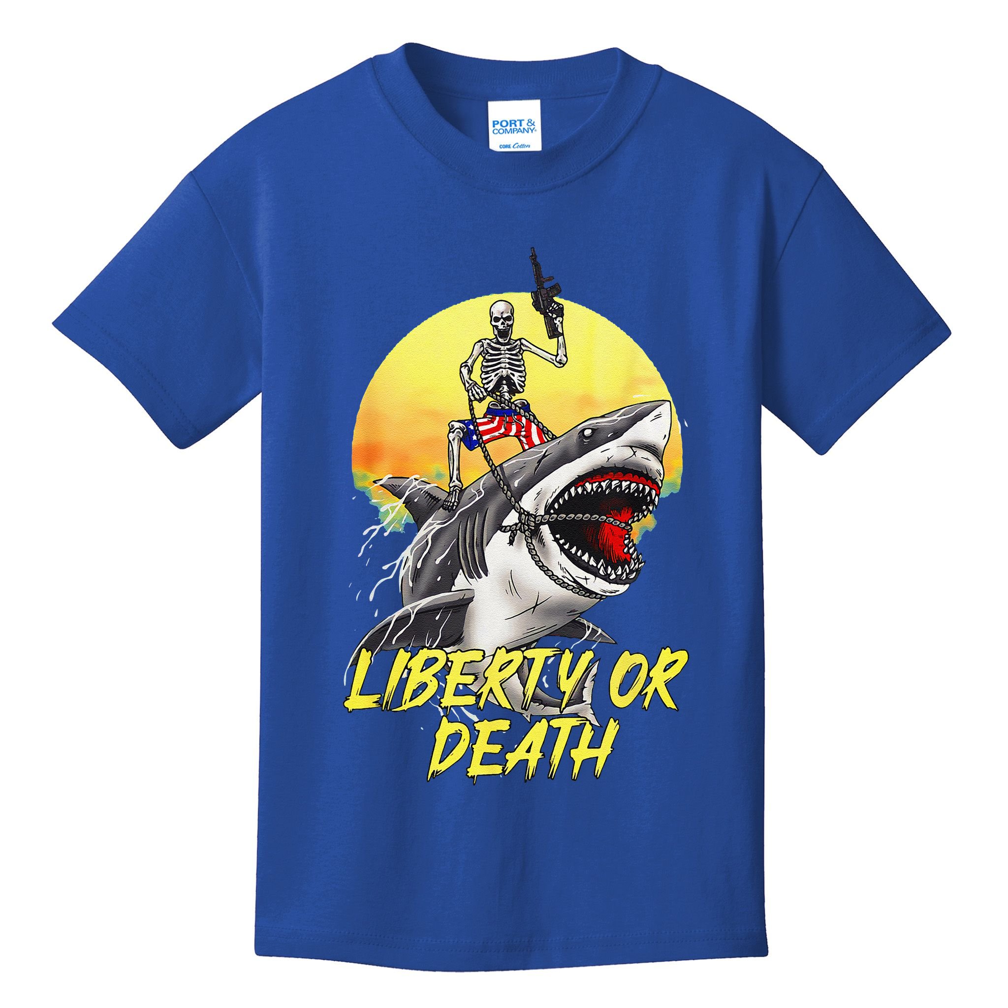 Skeleton Liberty Or Death Shark Halloween American Flag Kids T-Shirt