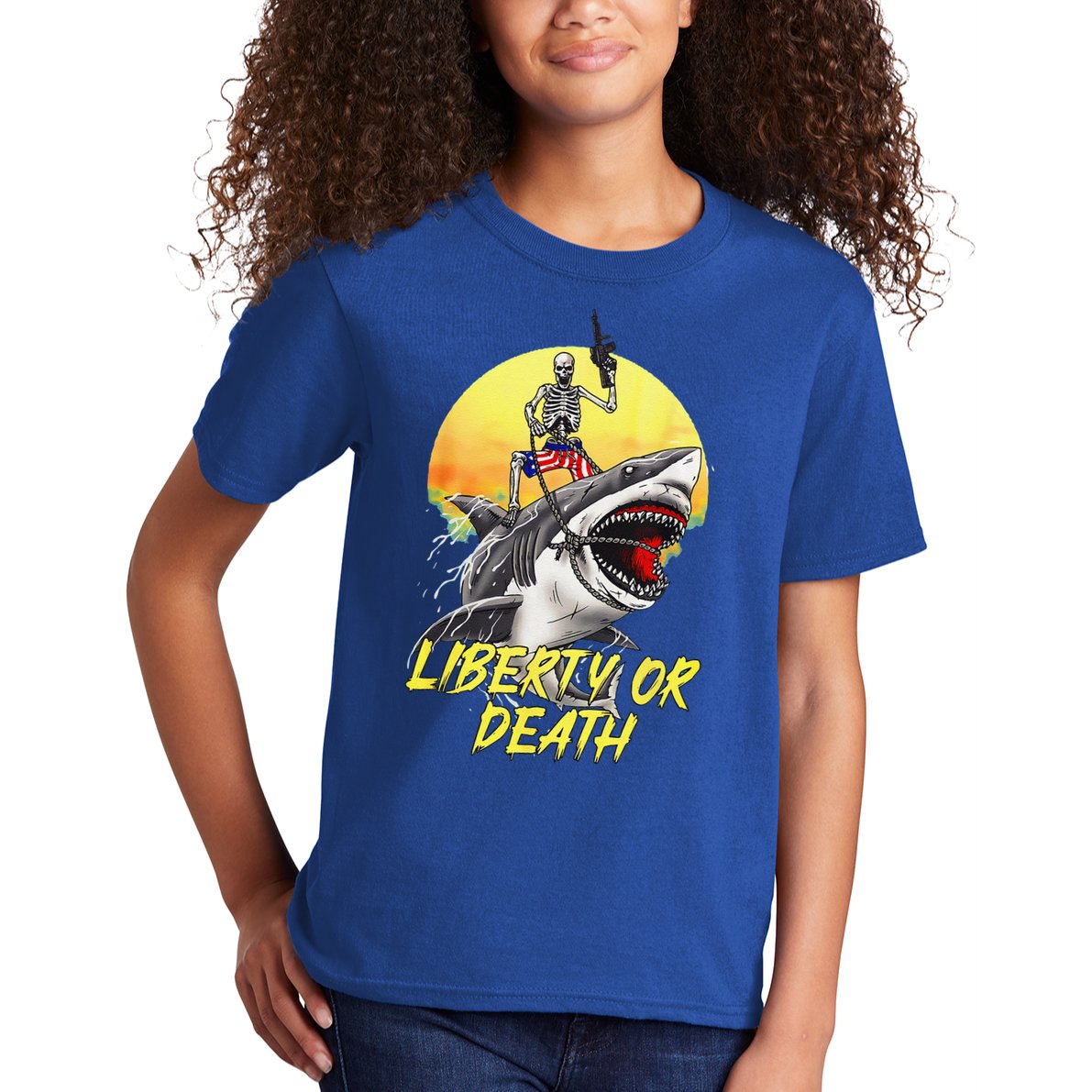 Skeleton Liberty Or Death Shark Halloween American Flag Kids T-Shirt