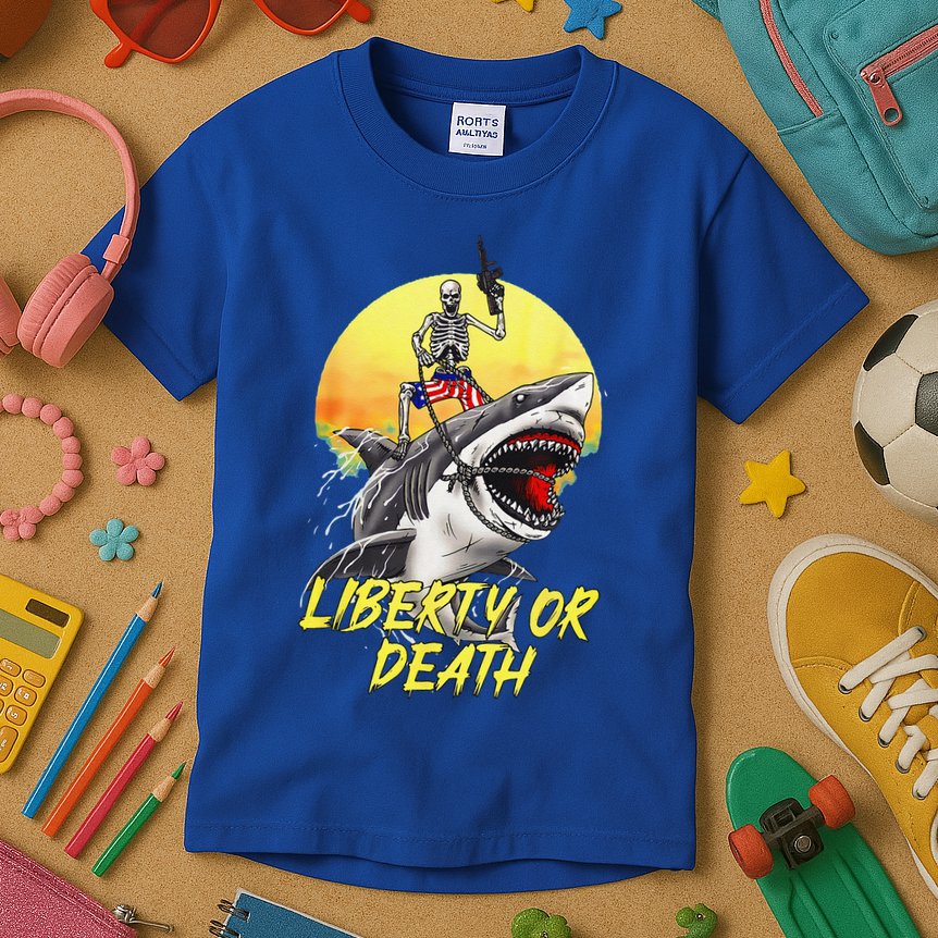 Skeleton Liberty Or Death Shark Halloween American Flag Kids T-Shirt