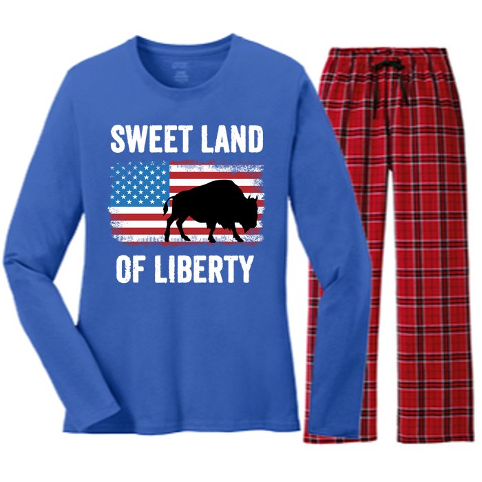 Sweet Land Of Liberty July 4th American Flag Buffalo Patriot Gift Women's Long Sleeve Flannel Pajama Set 