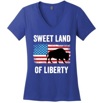 Sweet Land Of Liberty July 4th American Flag Buffalo Patriot Gift Women's V-Neck T-Shirt