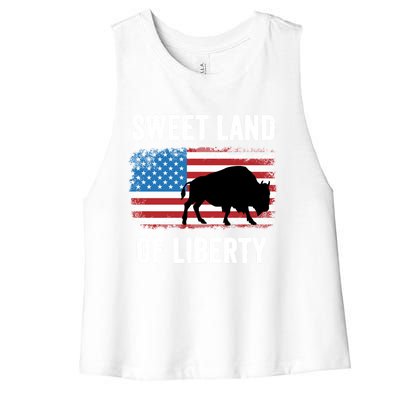 Sweet Land Of Liberty July 4th American Flag Buffalo Patriot Gift Women's Racerback Cropped Tank