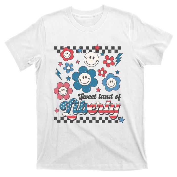 Sweet Land Of Liberty | 4th Of July | Smiley Flowers Retro T-Shirt