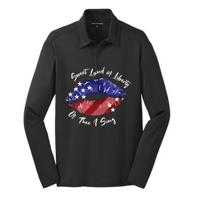 Sweet Land Of Liberty Of Thee I Sing Usa Lips 4th Of July Gift Silk Touch Performance Long Sleeve Polo